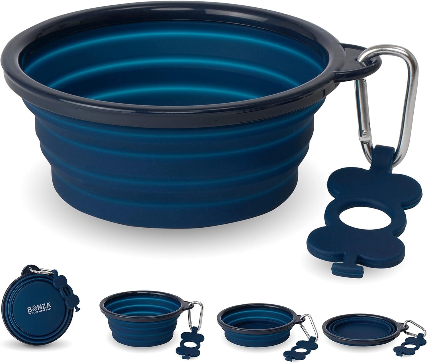 Bonza Collapsible Dog Bowls – Small 12 oz, Dog Travel Accessories, Silicone Portable Dogs Bowl & Water Dish with Reinforced Rim & Carabiner for Hiking, Camping, and Car Trips, Navy Blue
