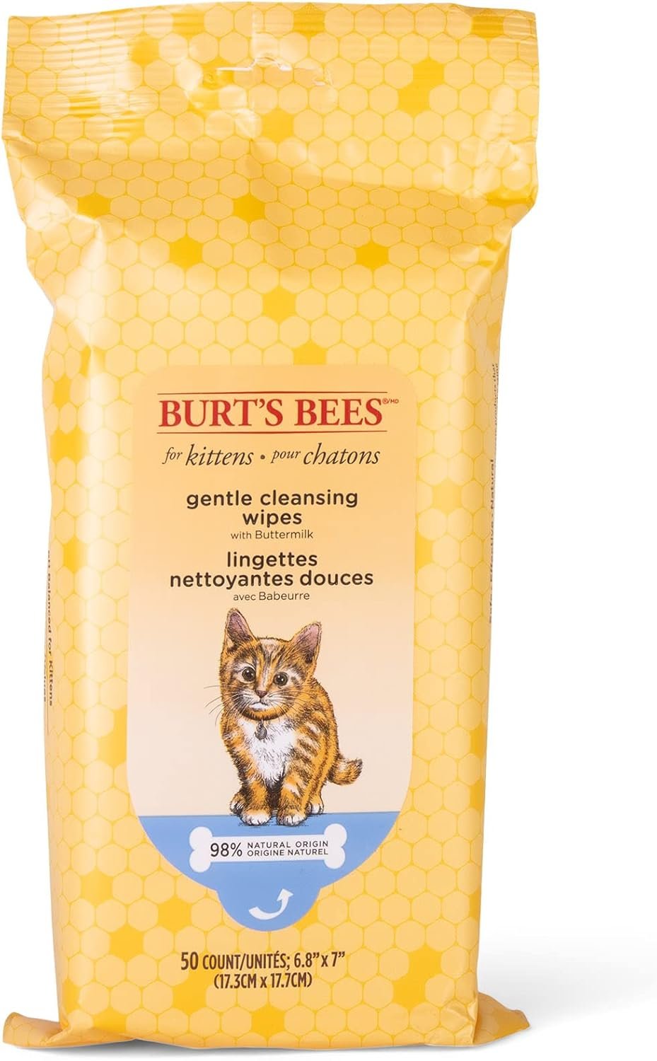 Burt’s Bees for Pets Kitten Grooming Wipes with Buttermilk and Honey, Waterless Cat Bath Wipes for Face, Paws, Tail and Coat Cleaning, Gentle Bath Alternative for Indoor Felines, 50 Count