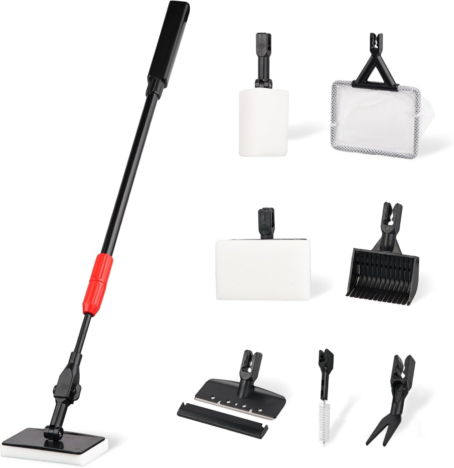 Aquarium Cleaning Tools 7 in 1 – Fish Tank Cleaning Kit with Algae Scraper, Scrubber Pad, Adjustable Telescopic Long Handle, Fish Net, Gravel Rake, Fork & Brush – Saltwater & Freshwater Tank