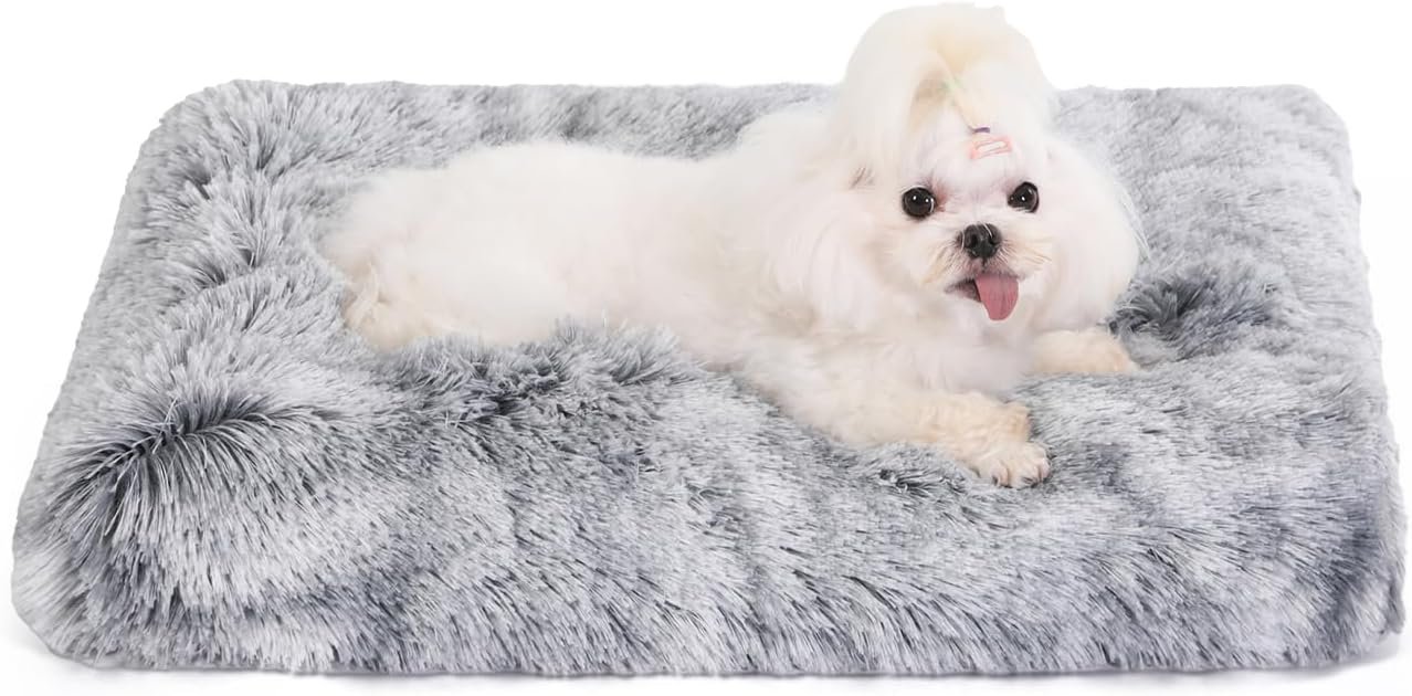 Bedfolks Waterproof Crate Bed, Plush Dog & Cat Bed with Removable Washable Cover, Faux Fur Kennel Pad, 23″x18″, Dark Grey