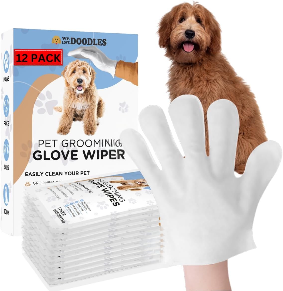 We Love Doodles Dog Cleaning Gloves Wipes – Pet Bathing Wipes for Dogs, Paws, Face, Body, Ears – Safe, Easy & Effective – Individually Packaged, Rinse-Free, Double-Sided, Alcohol-Free 12 PCS