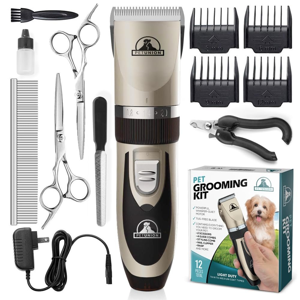 Pet Union Professional Dog Grooming Kit – Rechargeable, Cordless Pet Grooming Clippers & Complete Set of Dog Grooming Tools. Low Noise & Suitable for Dogs, Cats and Other Pets (Gold)