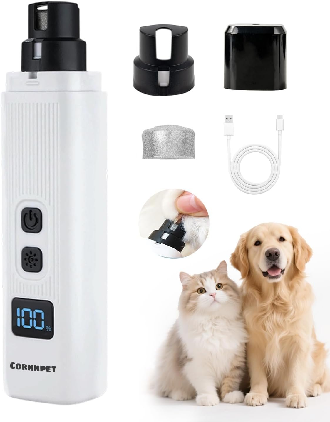Electric Dog Nail Grinder with 2 Level LED Lights, 2 Speed 30dB Super Quiet and Low Vibration Turbo Charge Pet Nail Grinder for Small Dogs and Cats – White