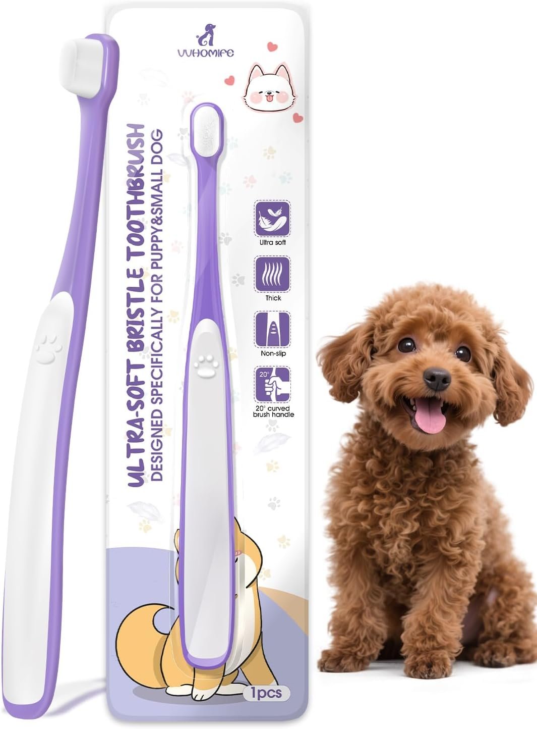 Tiny Dog Toothbrush for Small Dogs – 0.39″ Mini Brush Head, Curved Handle, Soft Bristles, Dual Rubber Back, Gentle Puppy Tooth Brush Kit for Yorkie Chihuahua & Small Dog Teeth Cleaning