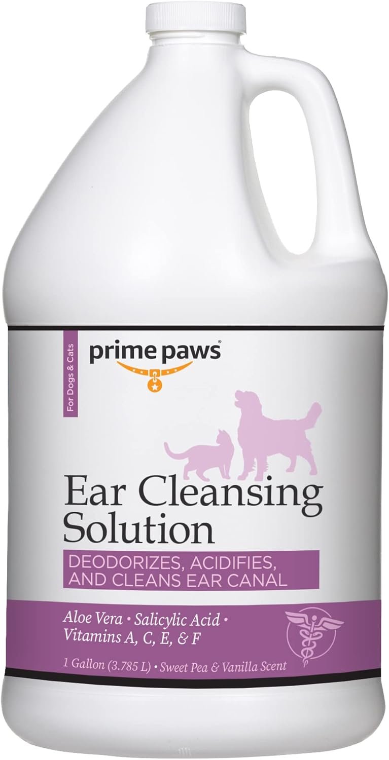 Ear Cleansing Solution for Dogs & Cats – Deodorizing Dog Cleaner with Aloe Vera Vitamins Professional Pet Flush Cleans Acidifies Canal Complete Care 1 gal, White (PRIM1059)