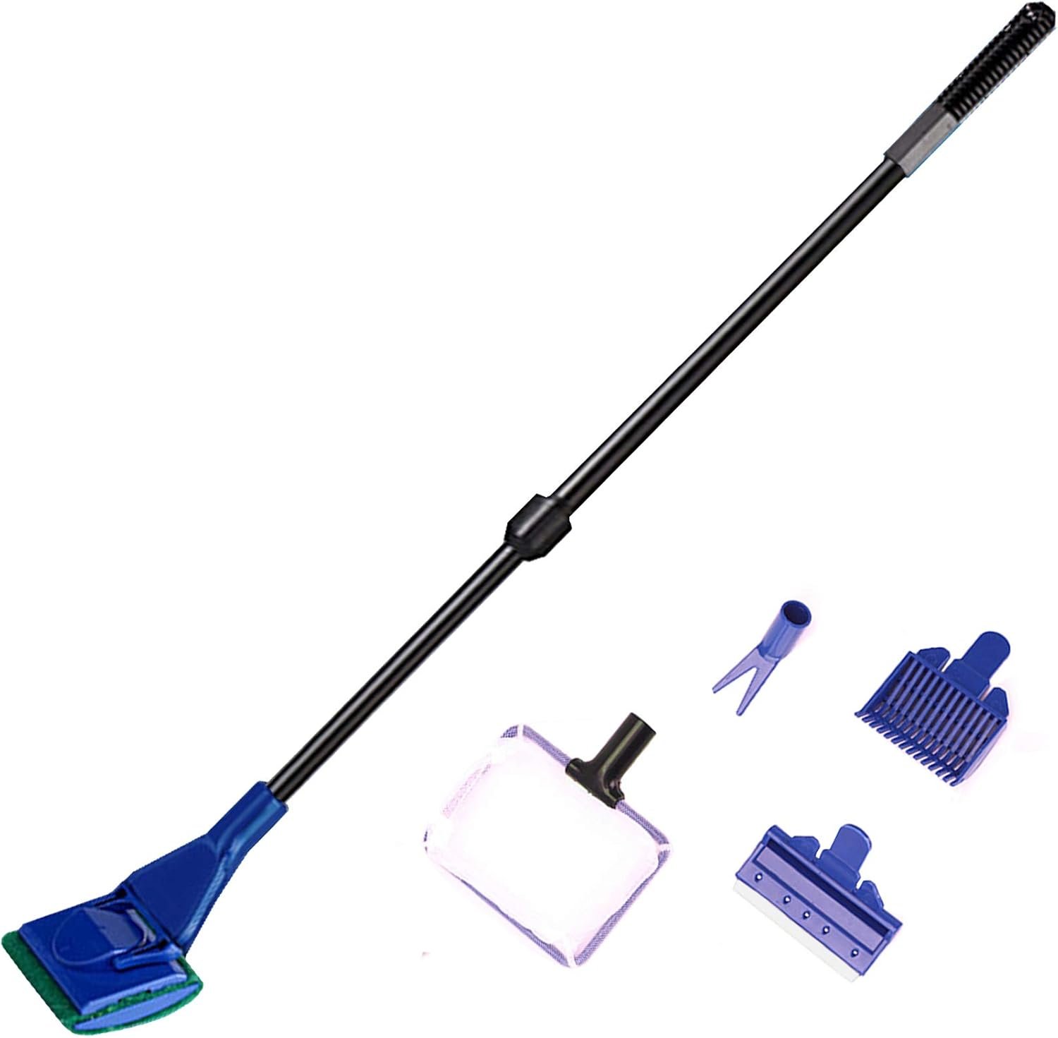 Aquarium Cleaning Tools Kit 5 In 1 Function for Long Deep Fish Tank, Adjustable Length Rod, Including Algae Scrape, Cleaning Sponge, 3.9″ Small Fishnet, Gravel Rake, Plant Fork