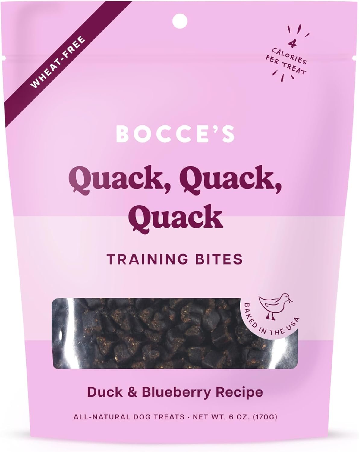 Bocce’s Bakery Quack, Quack, Quack Training Treats for Dogs, Wheat-Free Dog Treats, Made with Real Ingredients, Baked in The USA, Natural & Low Calorie Training Bites, Duck & Blueberry, 6 oz