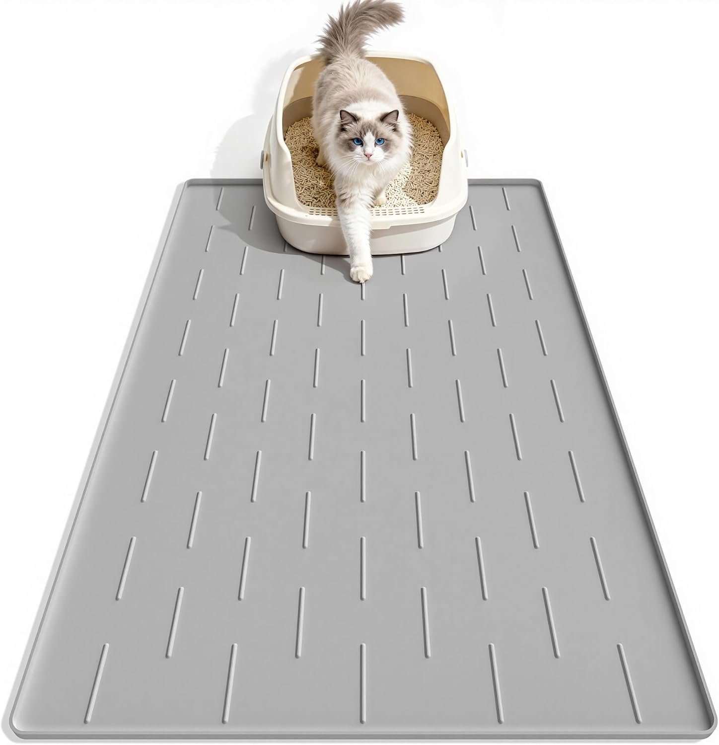Pieviev Silicone Cat Litter Trapping Mat, 34”x22” Large Cat Litter Mat, Easy to Clean & Soft on Kitty Paws, Waterproof Kitty Litter Pads for Indoor Cats, Light Grey