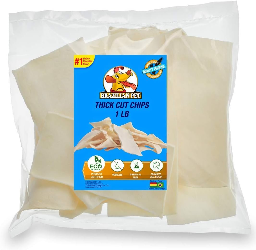 Brazilian Pet Premium Thick Cut Chips, Wholegrain Rawhide (Last Much Longer Than Traditional Chips). 100% Natural. Great Behavioral Dog Chewing Treat Solution. No Preservatives. (1 Pound)