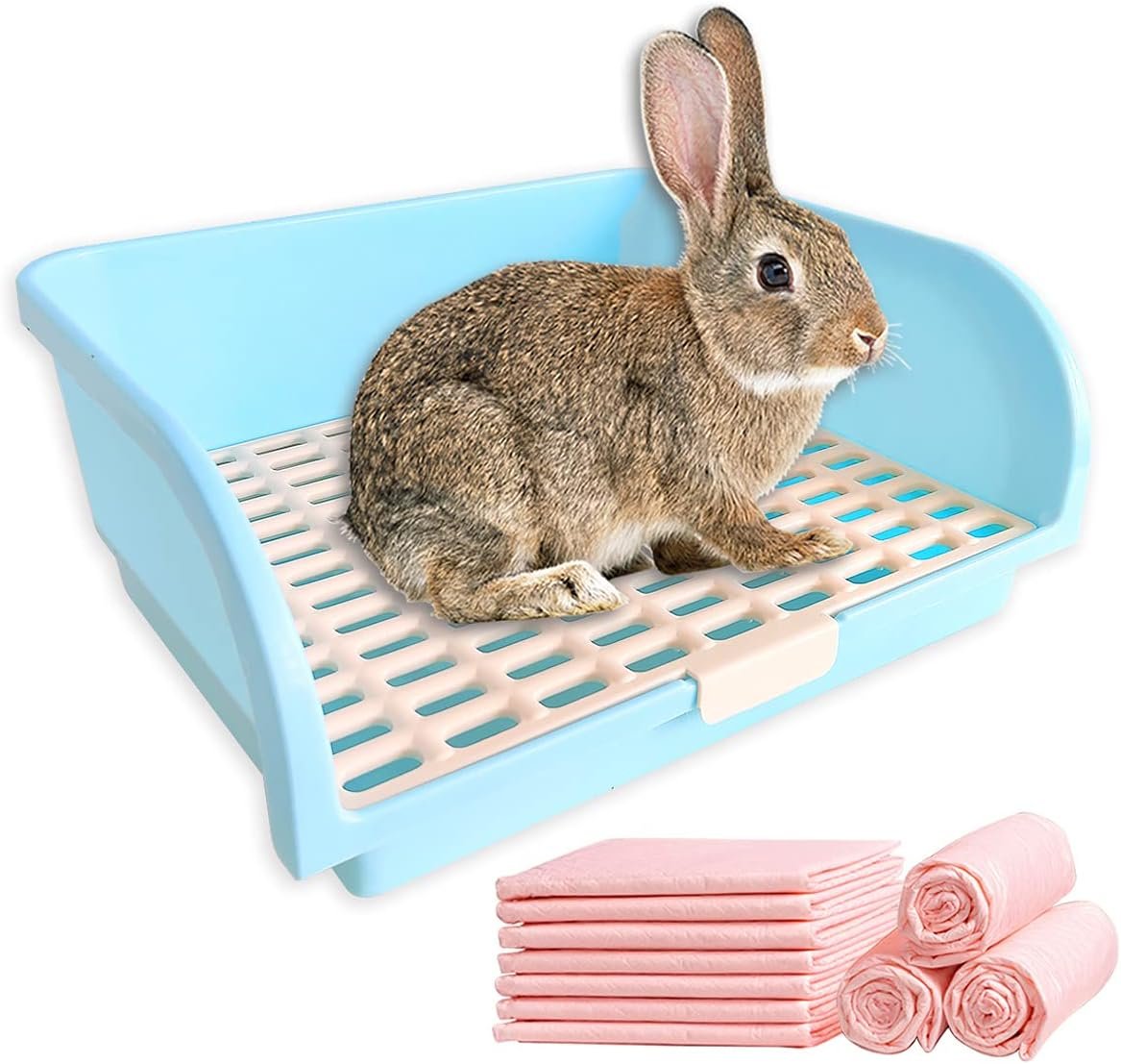 Amakunft 17″x13″ Extra Large Rabbit Litter Box with 10PCS Pee Pads, High Sided Plastic Bunny Rat Ferret Litter Box with Removable Grid, Indoor Guinea Pig Jumbo Corner Litter Pan for Small Animal Cage