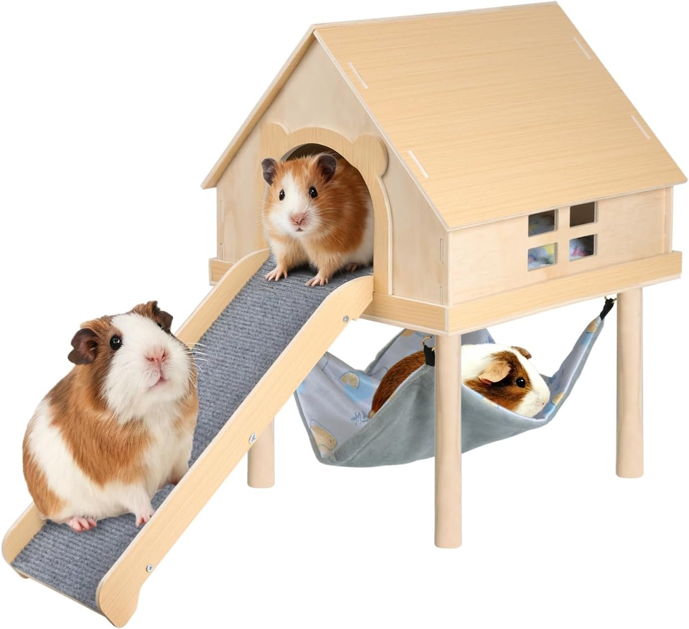 Guinea Pig Hideout- Wooden Guinea Pig Toys with Stairs and Mat & Hammock, Detachable Double-Decker House for Small Animal Toys for Hiding Sleeping Activities