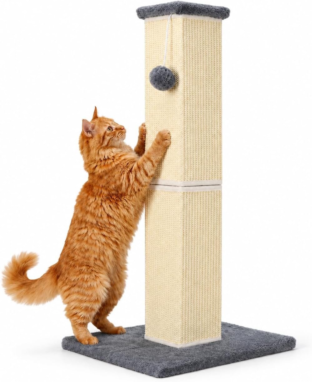 Cat Scratching Post for Large Indoor Cats & Kittens, Cat Scratcher with Extra Large Stable Base and Natural Sisal, Sturdy Cat Scratch Post to Protect Furniture & Couch, Grey, 32 Inch