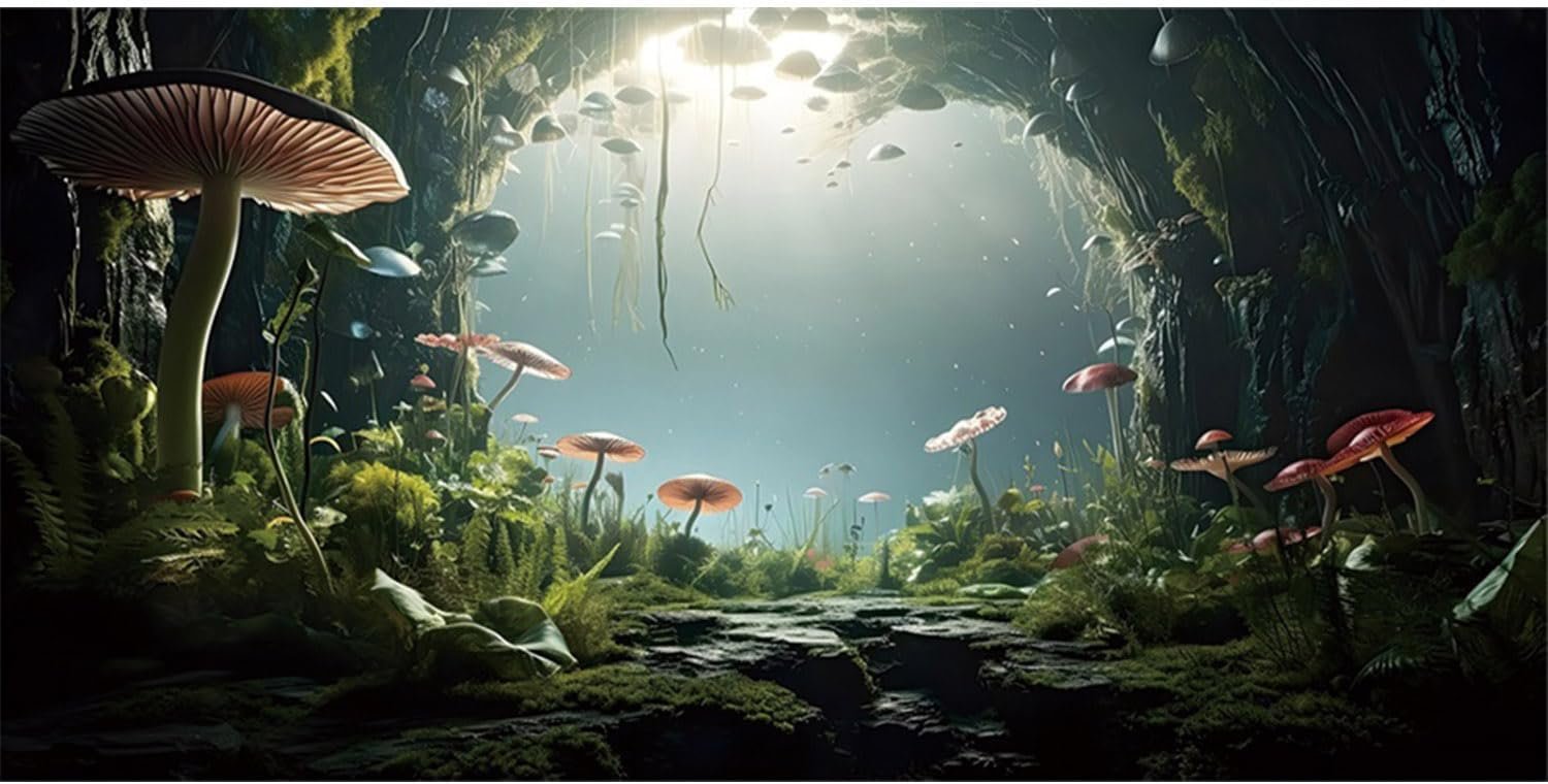 AWERT 36×18 inches Aquarium Background Foggy Stone Mushroom Moss Terrarium Background Polyester Green Plants Cave Fish Tank Background