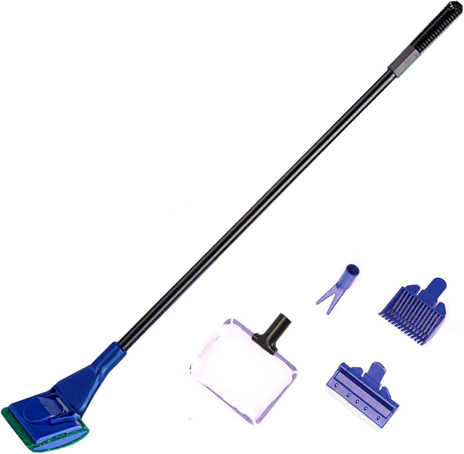 Aquarium Cleaning Tools Kit 5 in 1 Function for Long Deep Fish Tank, Including Algae Scrape, Cleaning Sponge, 3.9″ Small Fishnet, Gravel Rake, Plant Fork