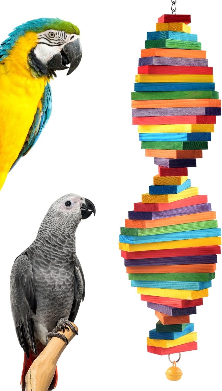 Bissap Bird Chew Toys, 20.8” Multicolored Bagel Cascade Medium Large Parrot Chewing Sticks Biting Wooden Blocks Toy for Big Senegal Amazon Cockatoos Macaws African Grey and Similar Sized Pet Birds