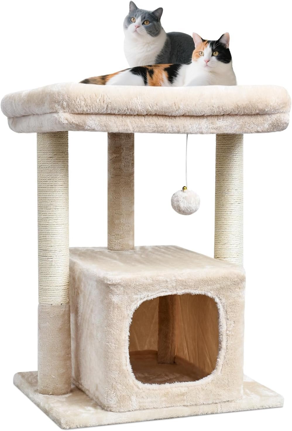 SYANDLVY 27″ Cat Tree for Indoor Cats, Activity Tower with Scratching Posts, Modern Kitten Condo with Plush Perch & Hanging Ball for Play, Beige