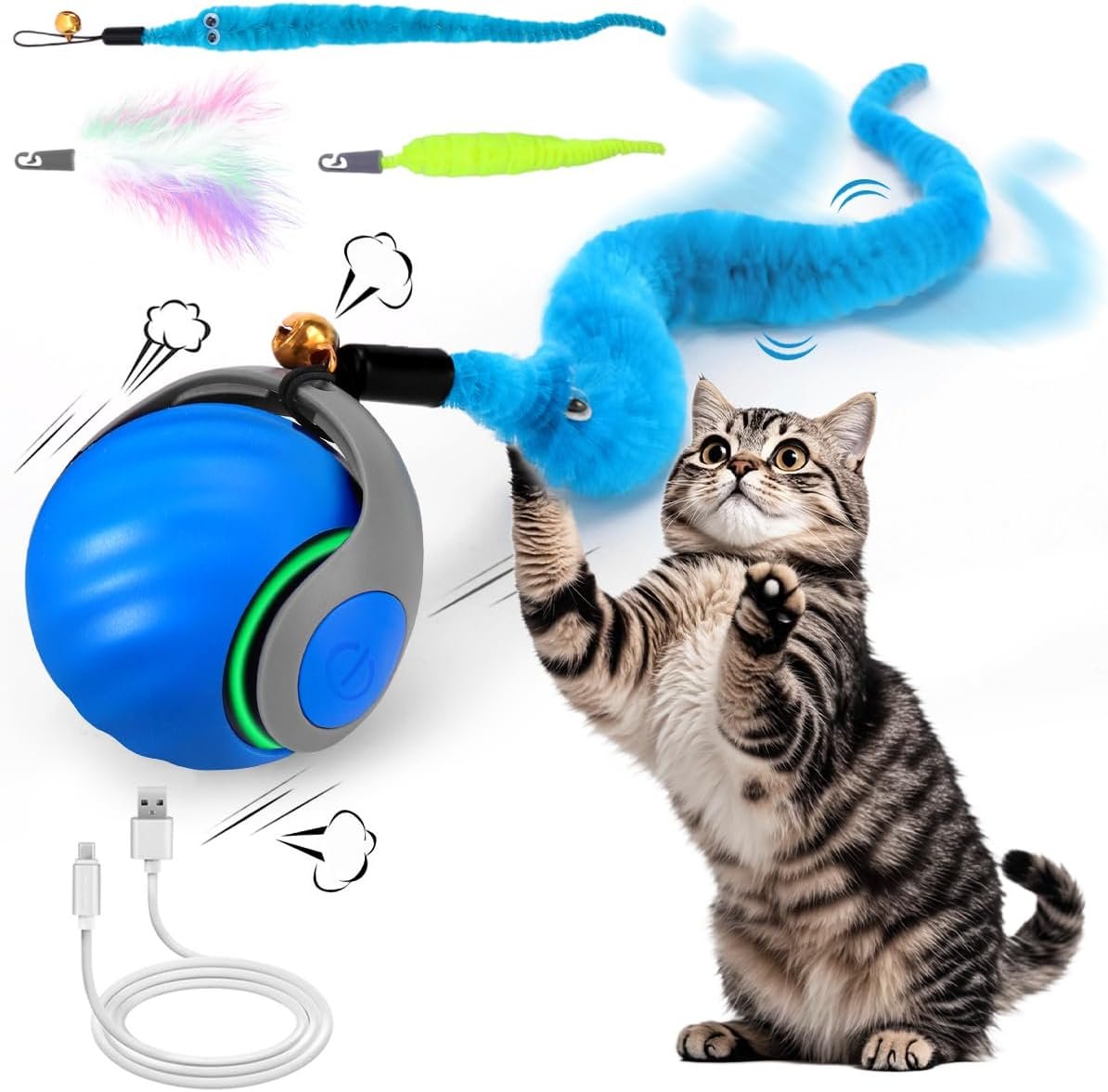 Interactive Cat Toy Ball – Speedy Cat Toys for Indoor Cats with Feather Tails for Chasing, Moving Stimulation Smart Cat Toy for Enrichment, Motion Activated Automatic Rolling Toys to Keep Them Busy