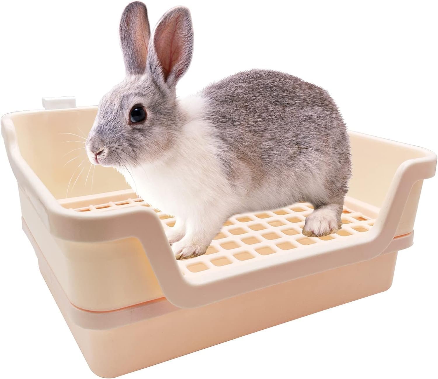 PINVNBY Extra Large Rabbit Litter Box Small Animal Potty Trainer Huge Bunny Litter Pan Plastic Pet Corner Toilet with Mash for Adult Guinea Pigs Chinchillas Ferrets (Beige)
