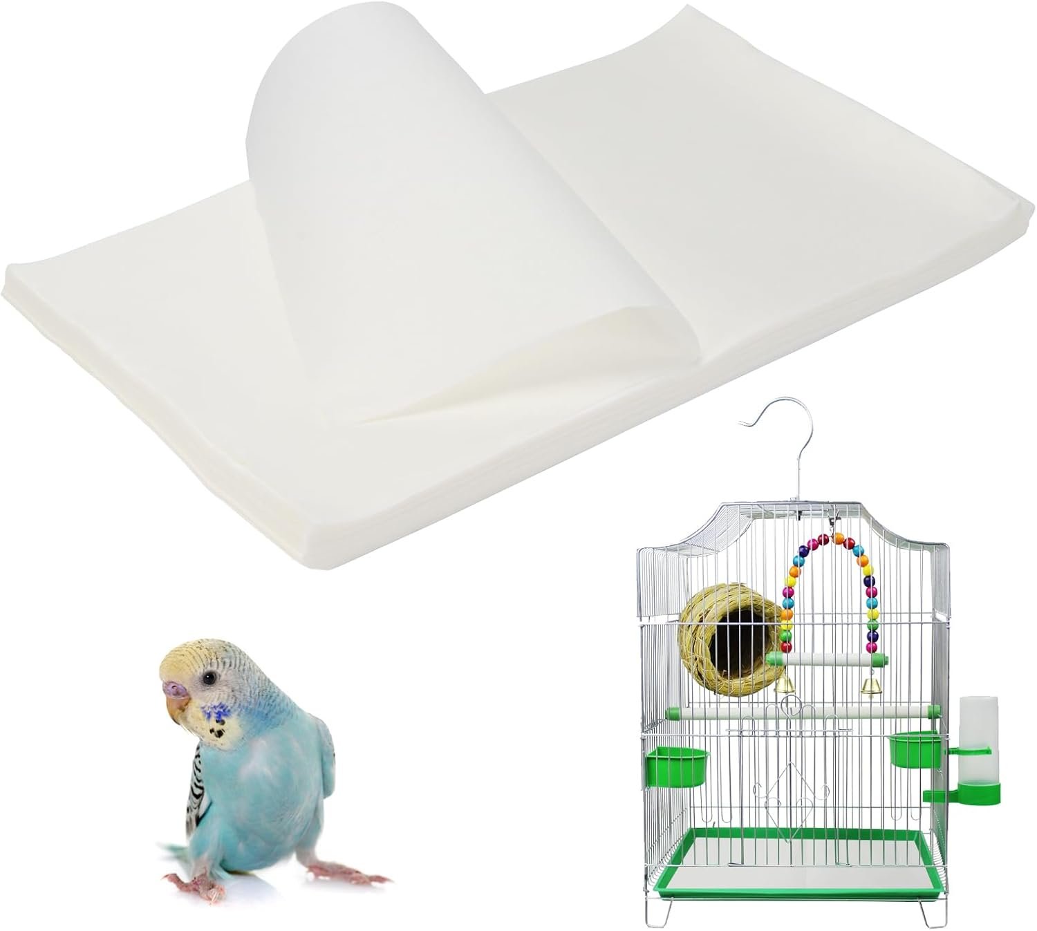 100 Pcs Bird Cage Liner Papers, 20 x 11 inch Non-Woven Gravel Liner Paper for Bird Cage, Disposable Cage Paper Liners Precut Absorbent Bird Cushion Paper Pad Accessories for Parrot Pet Cages