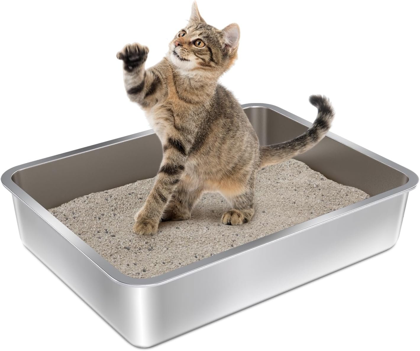 Stainless Steel Litter Box – 17.7″ L x 13.77″ W x 4″ H Metal Cat Litter Box, Non Stick, No Smell, Easy Entry,Easy to Clean,Metal Litterbox for Kitten,Elderly Cats,Bunny