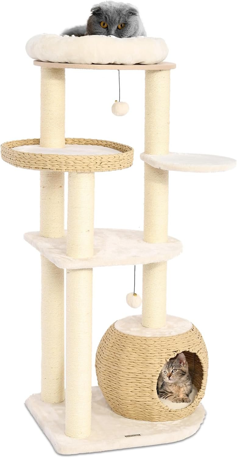 KAMABOKO Modern Solid Wood Cat Tree for Large Cats 53 Inch | Natural Sisal Scratching Posts Cat Tower for Indoor Cats, Cat Condo with Top Perch, Stable Wooden Cat Tree tall cat tree