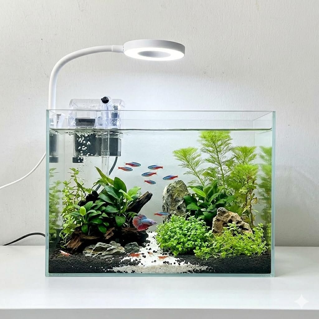 Nano Aquarium Kit 2.2 Gallon, Rimless Glass Betta Fish Tank with Filter & LED Light, 12″ x 6″ x 8″ Small Desktop Fish Tank for Home Office (Transparent, Complete)