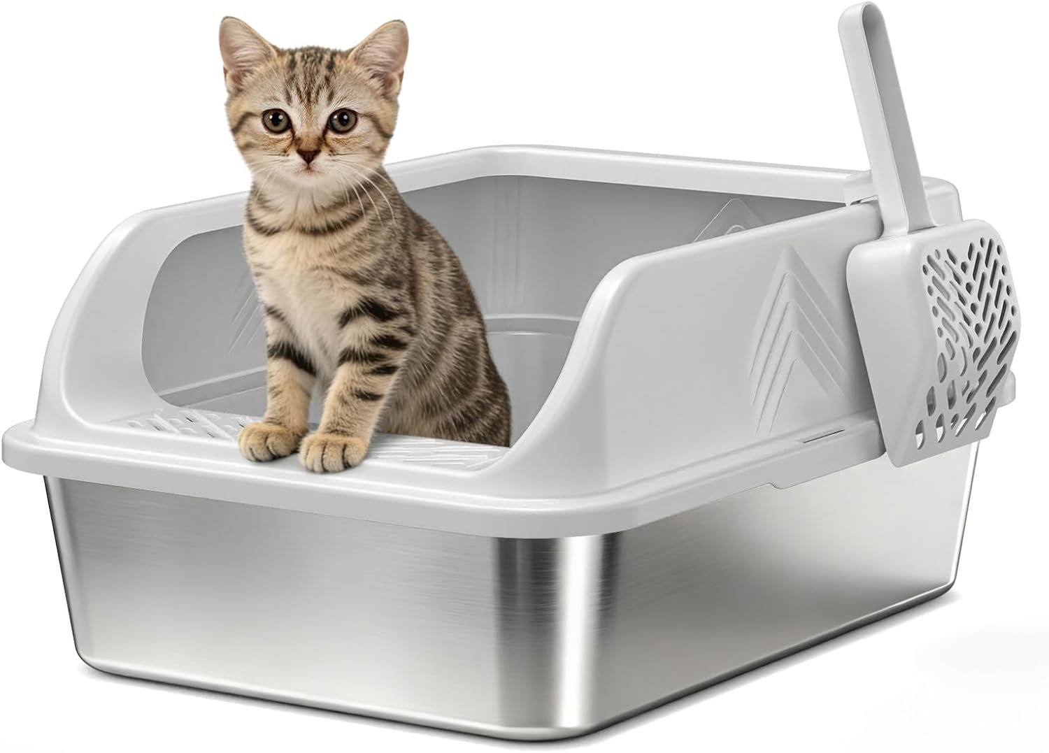 Stainless Steel Litter Box with Lid, Kitten Metal Cat Litter Boxes High Sided Enclosed for Small Cat and Injured Cats Rabbit, Anti-Urine Leakage | Non-Stick Bottom & Includes Scoop