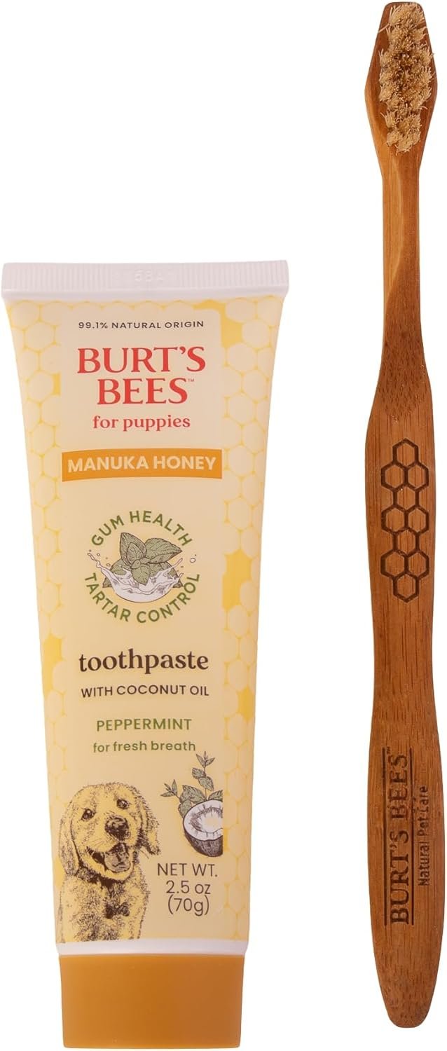Burt’s Bees for Pets Peppermint Puppy Dental Kit with Bamboo Toothbrush & Puppy Toothpaste, Manuka Honey & Coconut Oil for Gum Health, Tartar Control, 99.1% Natural Origin Formula, 2.5 Oz