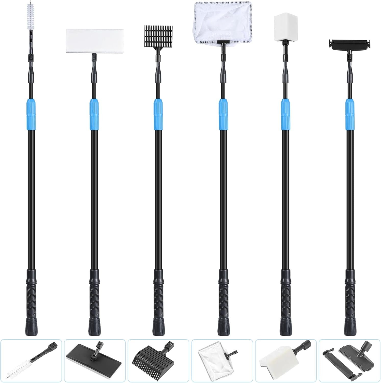 AquaMiracle 6 in 1 Aquarium Cleaning Tool Kit Fish Tank Cleaning Kit for 20-160 Gallon Tank with Telescopic Long Handle, Algae Scraper, Scrubber Pads, Tube Cleaner, Fish net, Gravel Rake
