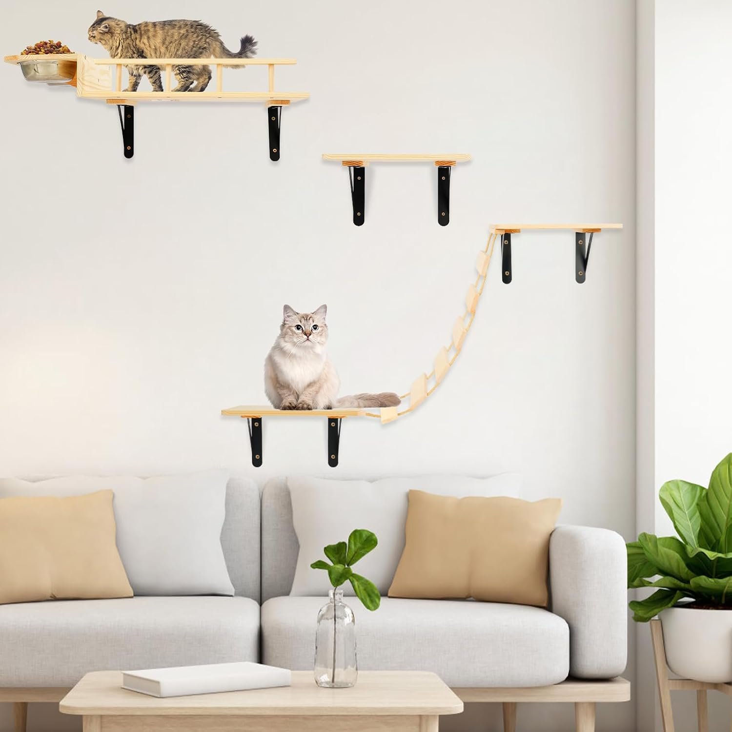 TIMIEEYA Cat Wall Shelves – Stable & Safe 5 in 1 Cat Walls Furniture Set, Wooden Kitten Climbing Wall with Bridge Ladder & Wall Steps