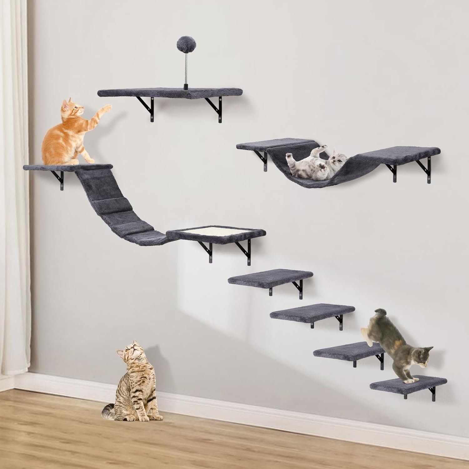 Wall-Mounted Cat Climber Set with Climbing Shelves, Perches, Bridge,Hammock,Scratching Board & Ball – 7 Pcs Wood Indoor Cat Furniture for Kittens Play (Dark Grey)