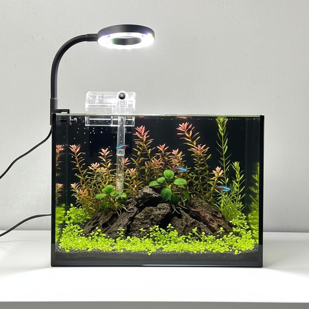 Nano Aquarium Kit 2.2 Gallon, Rimless Glass Betta Fish Tank with Filter & LED Light, 12″ x 6″ x 8″ Small Desktop Fish Tank for Home Office (Black, Complete)