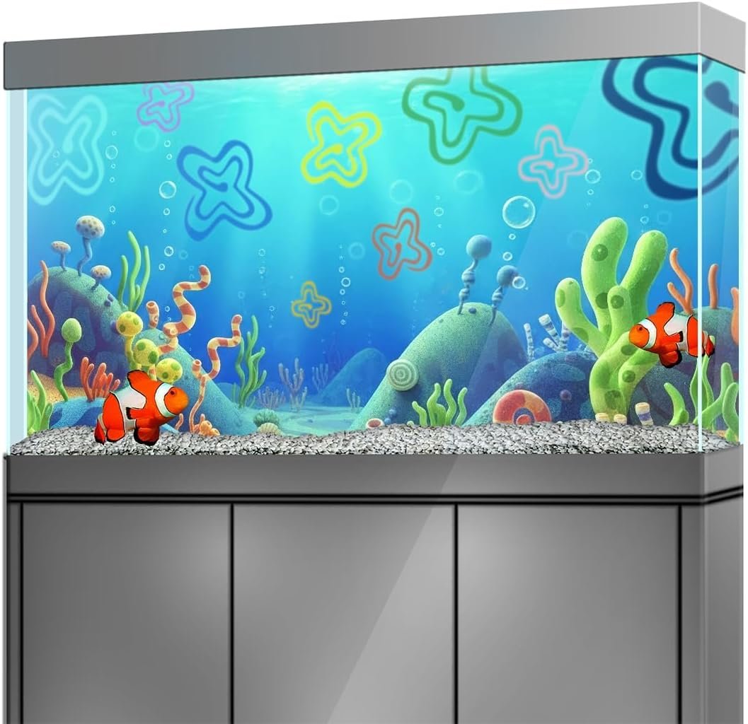 Aquarium Background Stickers for 5-9 Gallon Tanks, Cartoon Underwater Self-Adhesive Fish Tank Reptile Terrarium Decor Poster (16 x 12inches / (41 x 31 cm))