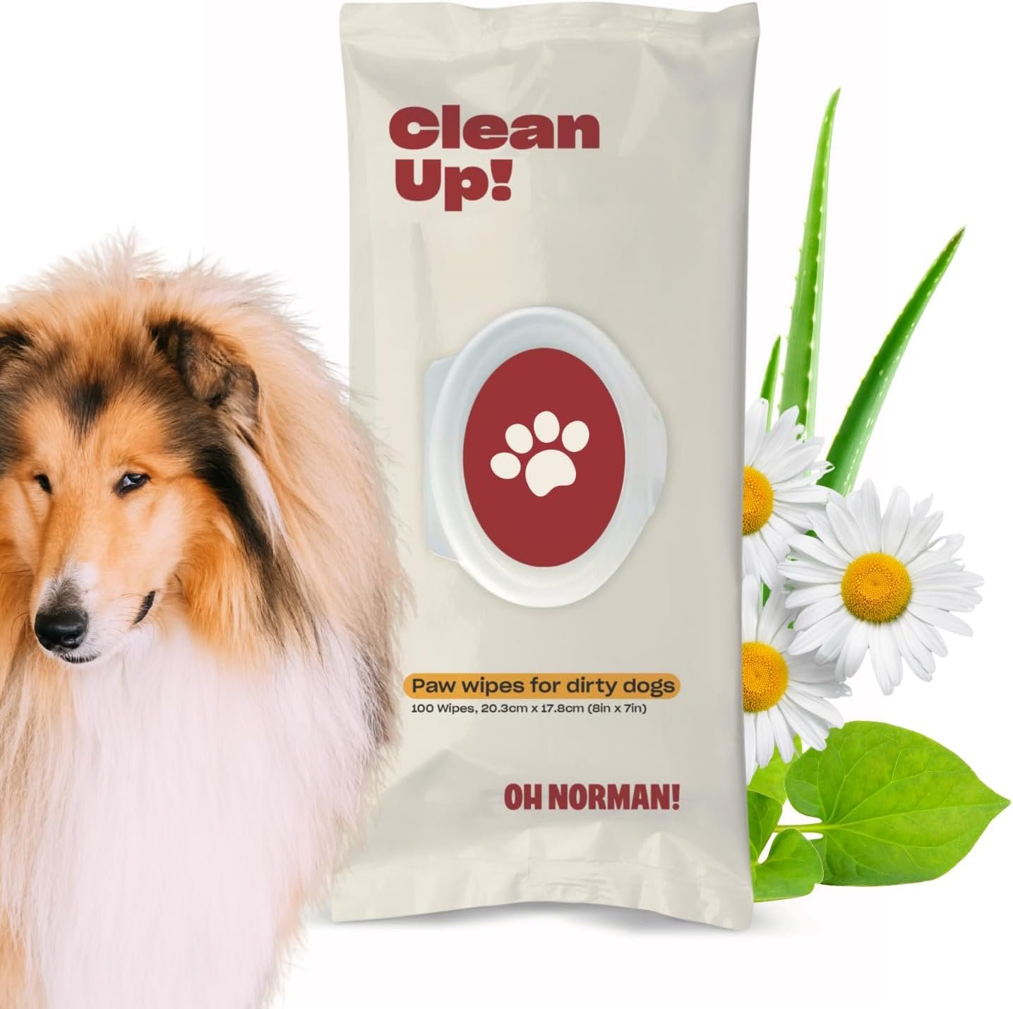 OH NORMAN! Clean Up Paw Wipes for Dogs (8×7) by Kaley Cuoco, Gentle Pet Grooming Wipes, Plant-Based and Unscented, 100 Count