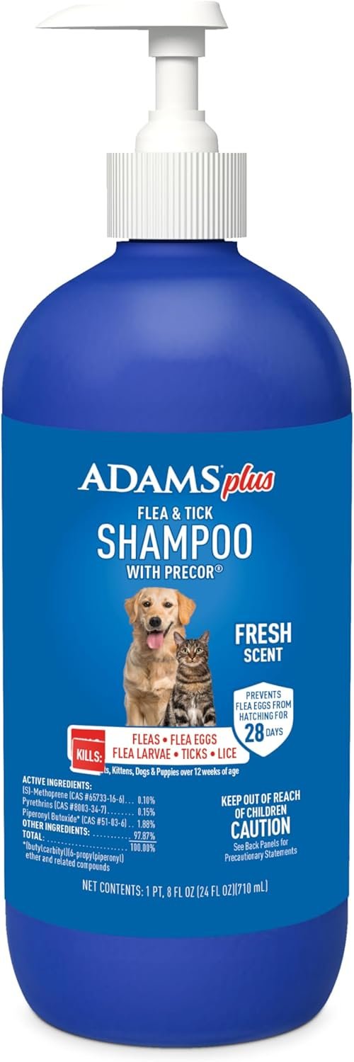 ADAMS Plus Flea & Tick Shampoo with Precor for Dogs, Cats, Puppies & Kittens, Flea Shampoo to Treat Flea Infestations, Kills Ticks, Fleas, Flea Eggs & Lice, Cleans and Conditions Coat, 24 Ounces