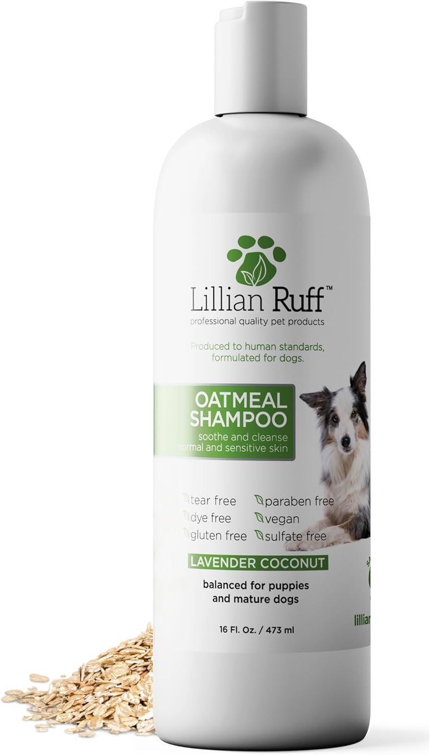 Lillian Ruff PRO Formula Deodorizing Oatmeal Dog Shampoo – Calms Itching & Allergies, Ultra-Nourishing Dry Skin Relief – Oatmeal, Aloe, Coconut Oil, Lavender & Provitamin B5 – Made in USA (16oz)
