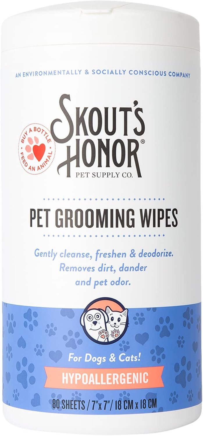 SKOUT’S HONOR Pet Grooming Wipes for Dogs and Cats – Deodorizing, Plant-Based, Biodegradable, Fragrance-Free – for Paws, Faces, Skin Folds & Bums, 80 Count
