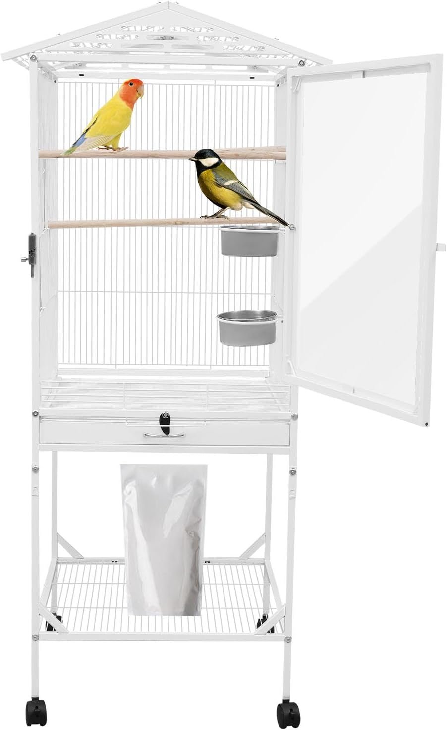 53.5 Inch Iron Bird Cage, Large Bird Aviary with Wheels for Parakeets, White Bird House with Detachable Stand and Pull-Out Tray for Cockatiels, Parrots, Lovebirds, Canaries