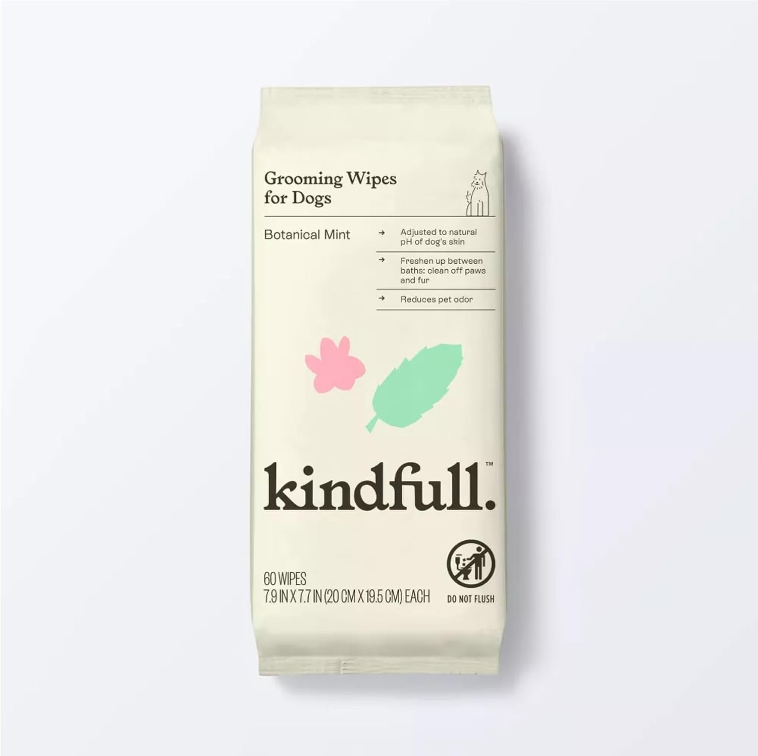 Kindfull Dog Grooming Wipes – 1 Pack (60 Wipes), Botanical Mint Scent – Gentle, pH-Balanced Pet Wipes for Paws & Fur – Plant-Based, Alcohol-Free – 7.9″ x 7.7″ Each