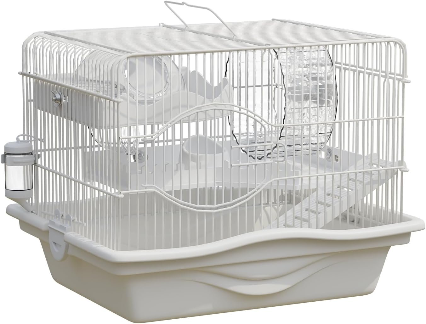 Mini Hamster Cage Starter Kit 15”Lx11”Wx12”H for Dwarf Hamster & Robo Hamster with Multilevel Platforms, Exercise Wheel, Transparent House, Ladder, Water Bottle, Food Bowl, White