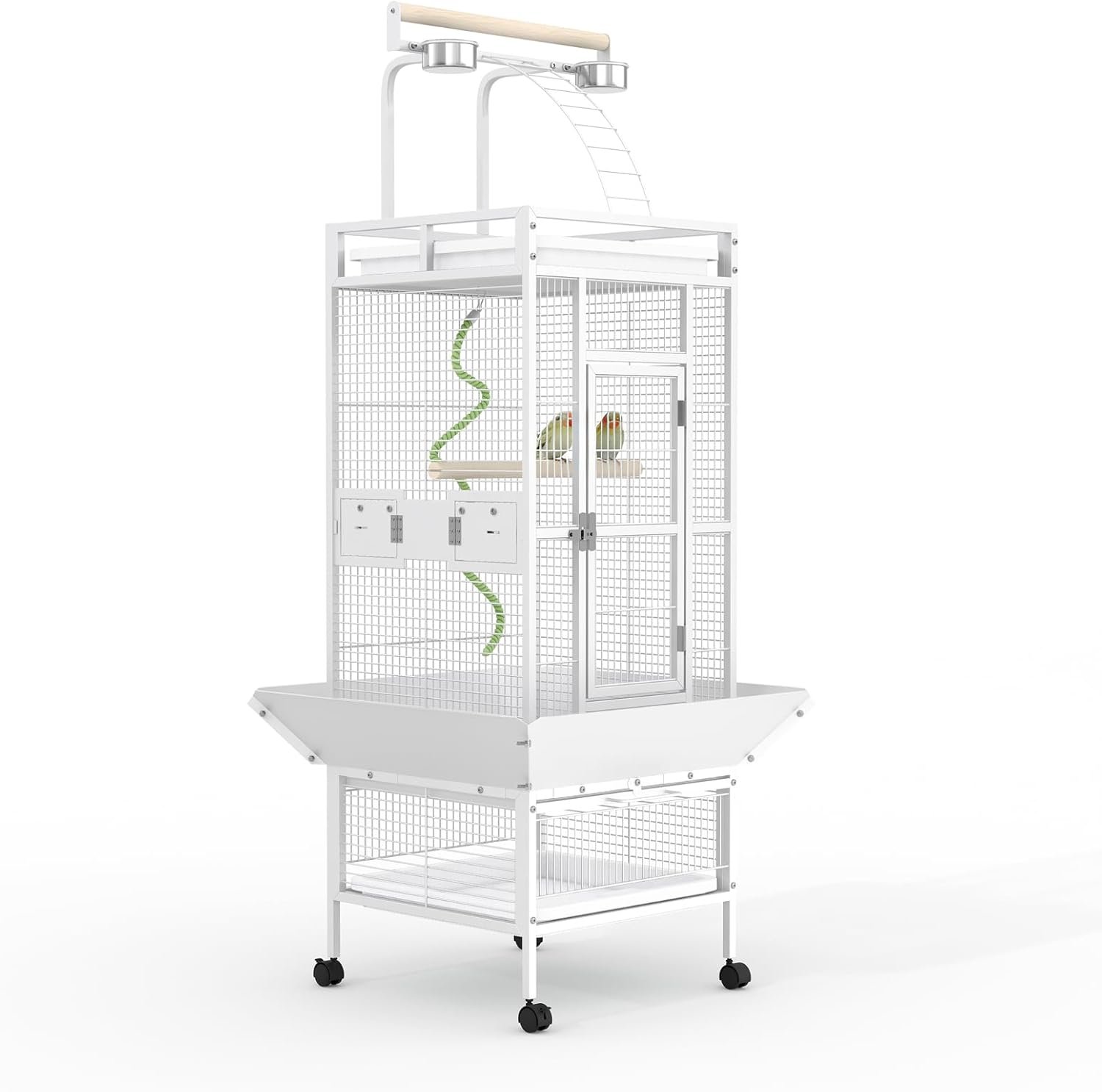 60″ h Large Bird Cage, Indoor Parakeet Cage with Playtop, Bird Rope Perche, Heavy Duty Wrought Iron Bird Cage on Wheels for Parrots, Parakeets, Cockatiels, Conures