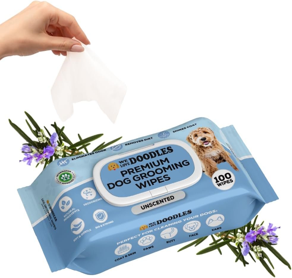 We Love Doodles Dog Wipes – Deodorizing & Cleaning Pet Wipes, for Coat, Face, Paws, Butt, & Body, Dog Essentials & Grooming Supplies, Made in USA, Unscented (100 Count)