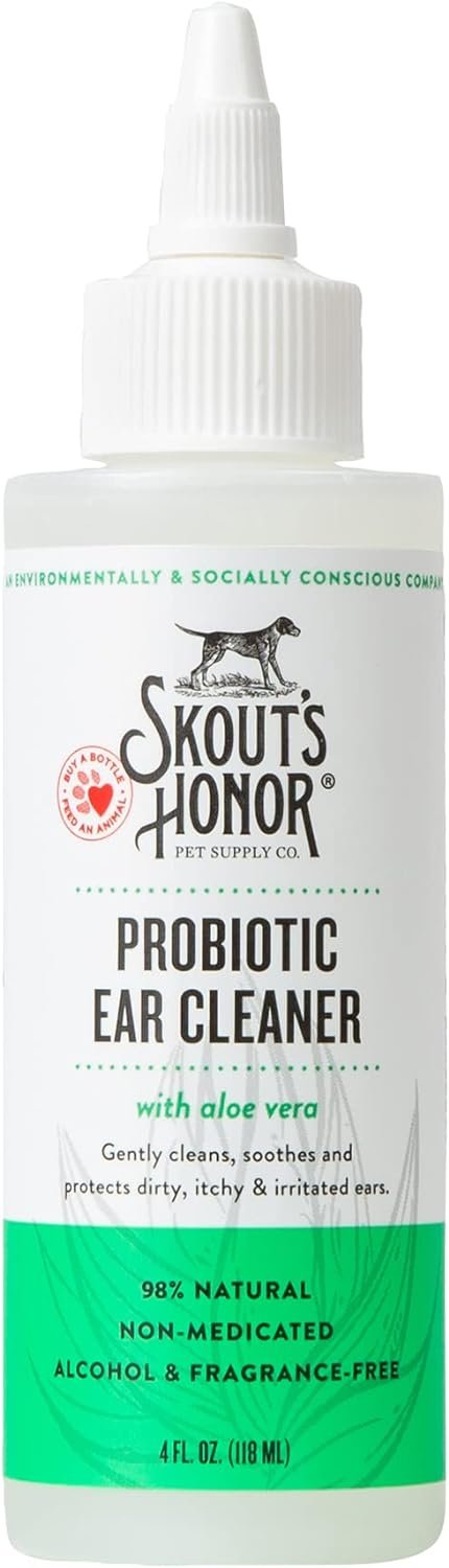 SKOUT’S HONOR Probiotic Dog Ear Cleaner Solution with Aloe Vera – Alcohol-Free, Fragrance-Free, Non-Medicated Ear Wash for Dogs – Microbiome Friendly Certified, 4 oz.,