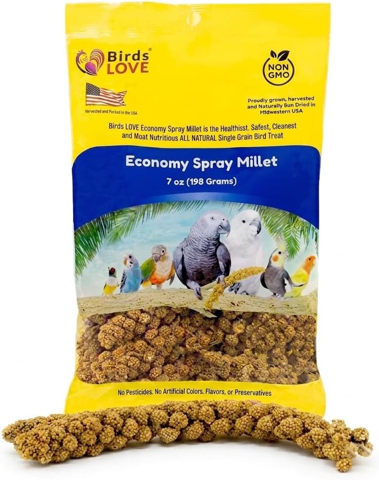 Birds LOVE® Economy Spray Millet for Birds, 7 oz, GMO-Free Natural Millet Spray Treat, Stem-Reduced Edible Tops, Grown in USA, for Parakeets, Cockatiels, Lovebirds, Finches, Canaries & Small Parrots