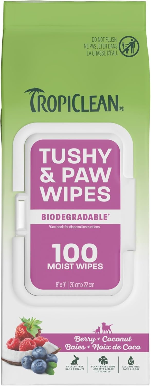 TropiClean Deep Cleaning Pet Wipes, 100ct – Wipes for Dogs & Cats – Gently Removes Dirt, Dander & Smells – for Pet Paws, Face, Body & Bottom – Sweet Berry & Coconut Scent
