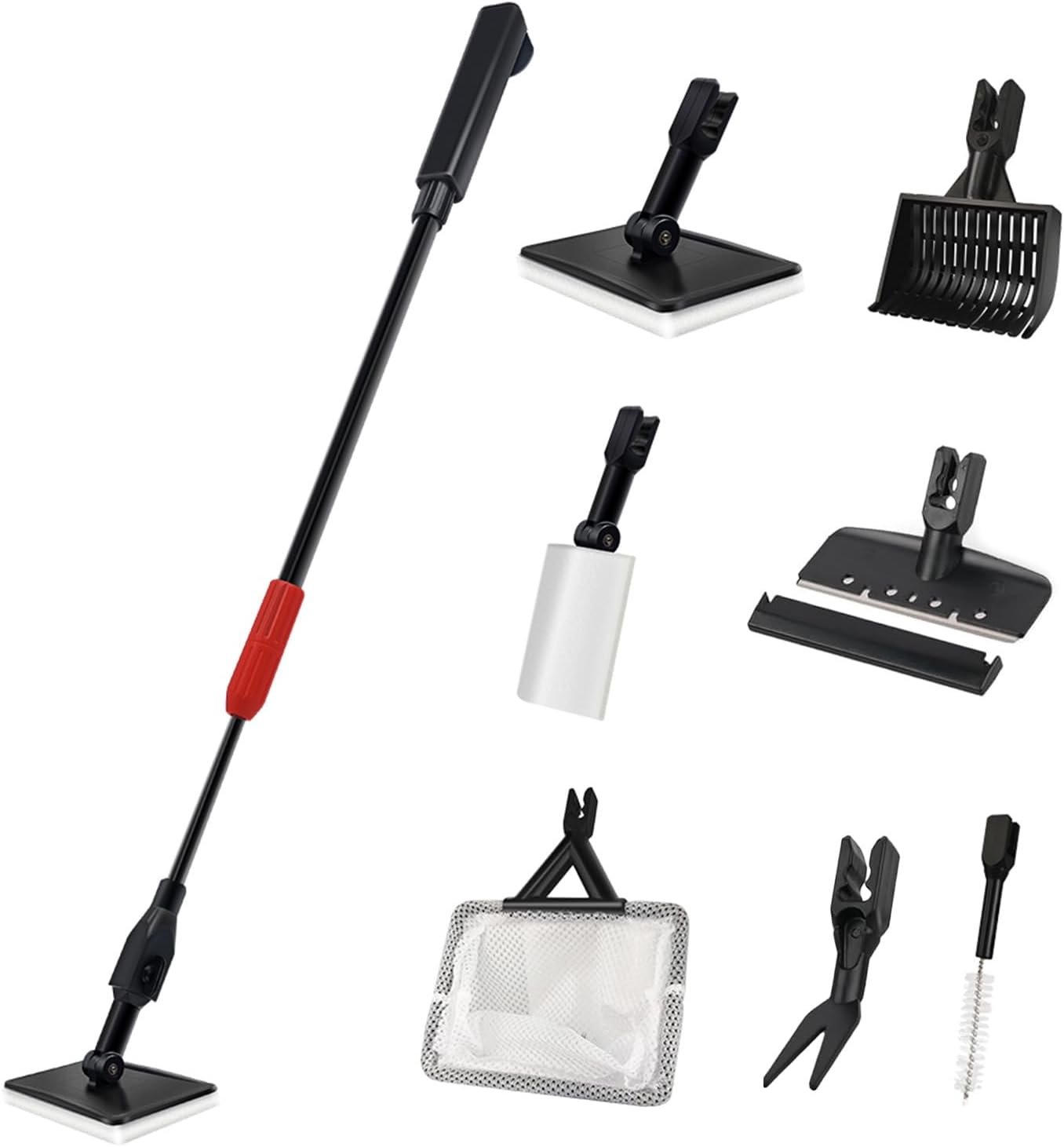 FISORAS Aquarium Cleaning Tools, 7 in 1 Fish Tank Cleaning Kit with Adjustable Long Handle,Aquarium Sponge Brush and Fish Net