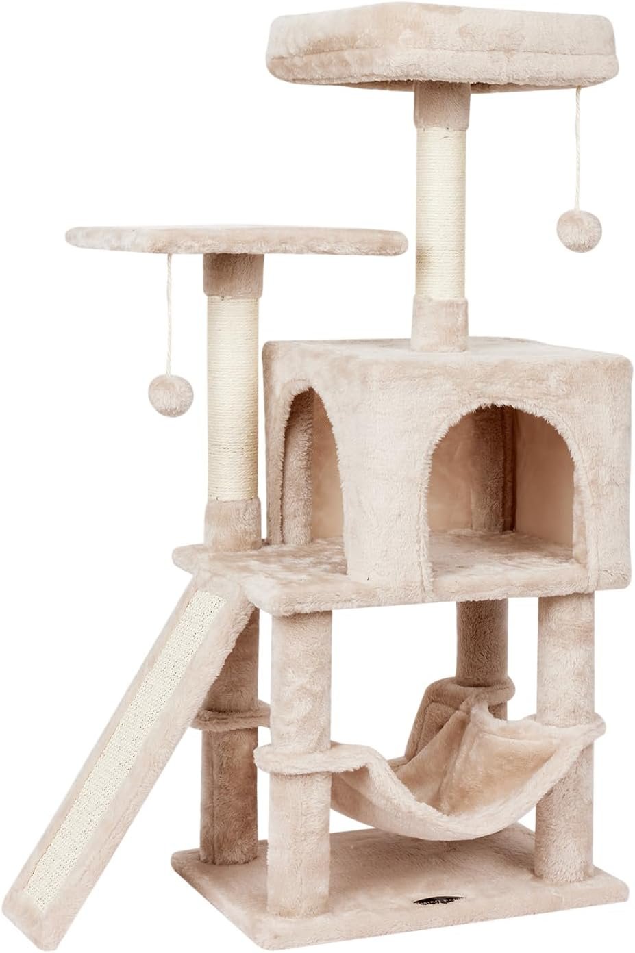 Cute Cat Tree Tower for Indoor Cat Tower with Scratching Post Modern Activity House Hammock Hanging Ball Condo with Board Beige