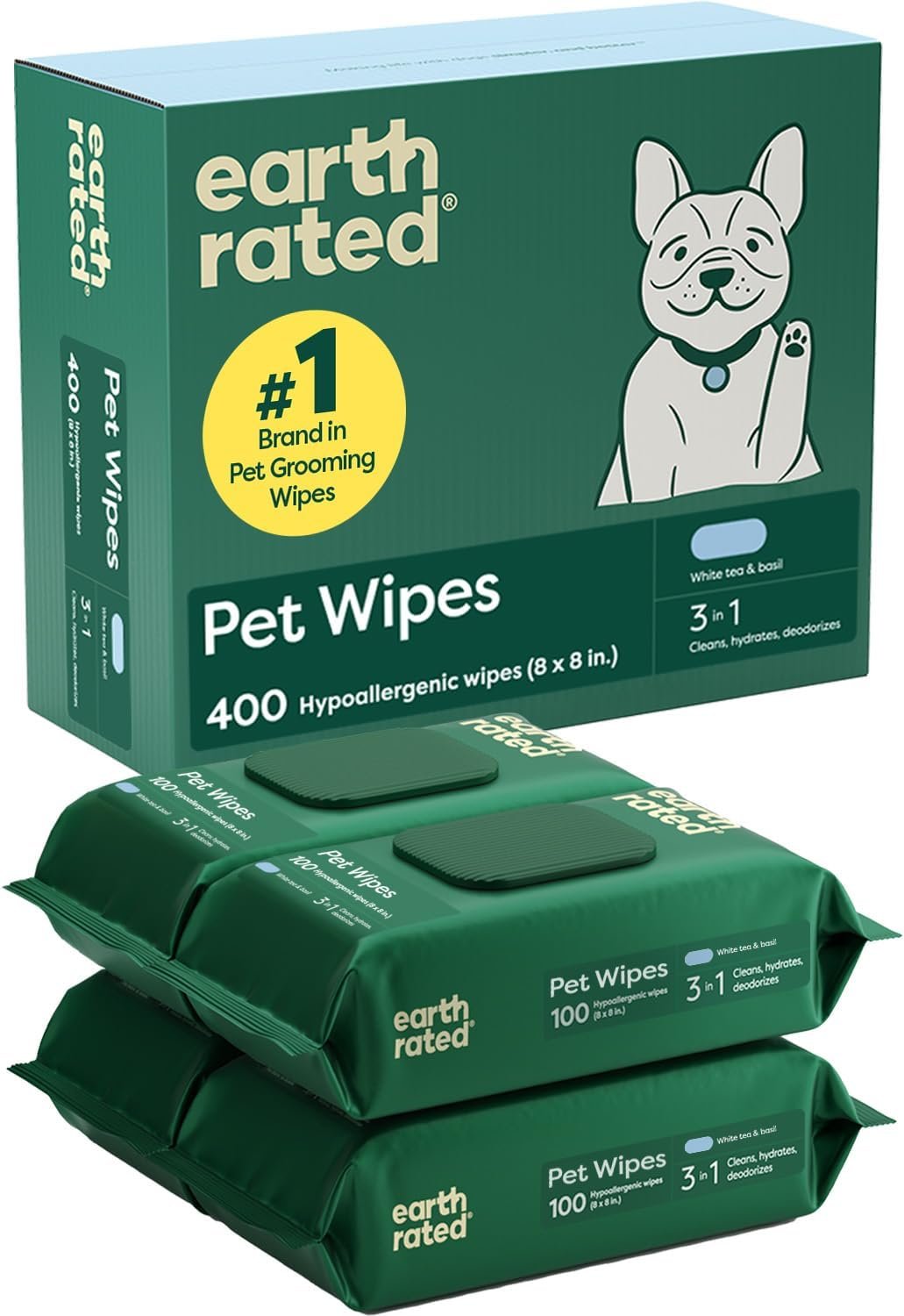 Earth Rated Pet Wipes for Dogs and Cats, Hypoallergenic, 3-in-1 Cleaning, Deodorizing and Hydrating, for Grooming Paws, Body and Butt, New White Tea and Basil Scent, 400 Count