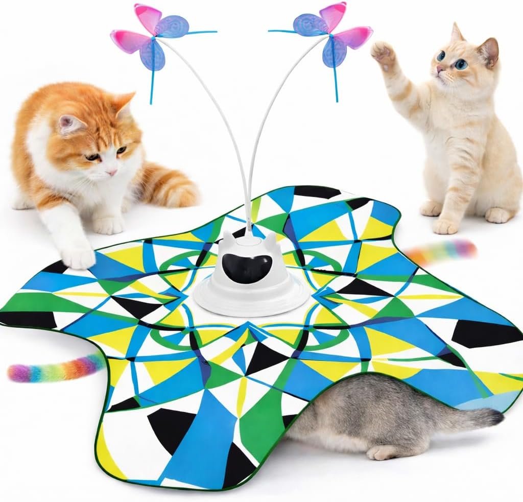 Interactive Cat Toy for Indoor Cats, Rechargeable 3-in-1 Hide and Seek Cat Toy with Spinning Butterfly & Plush Tail, Ultra-Quiet Touch Activated Self Play Cat Exercise Toy for Adult Cats & Kittens