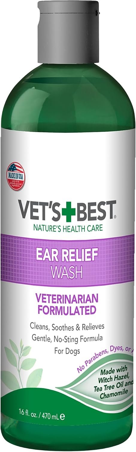 Vet’s Best Dog Ear Relief Wash – Alcohol-Free No-Sting Formula – Controls Odors & Itching – Cleans Wax & Debris – 16 Ounces